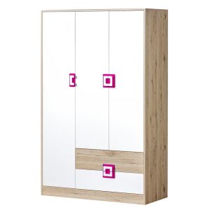 šatní skříň 3-dveřová, barva dub jasný/bílá/růžová (DT-03)